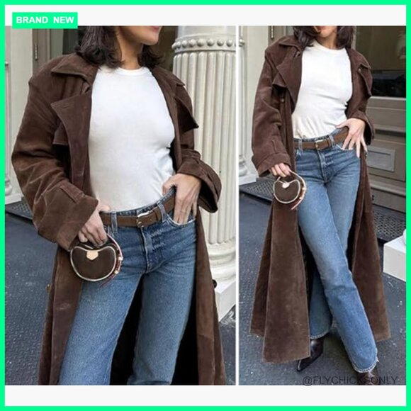 Faux Suede Long Trench Coat Notched Lapel Double Breasted Pea Coat with Belt - Picture 6 of 7